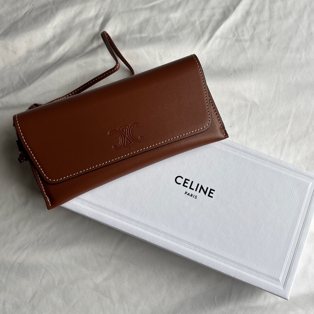 New 2024 Celine Sunglasses eyeglass Case Wristlet Brown Leather Logo W cloth